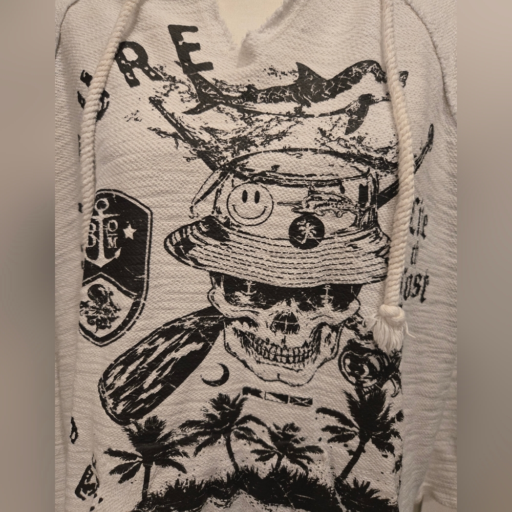 😁Black Octopus East Coast Skull Oversized White Graphic Hoodie Size Medium - Picture 2 of 6